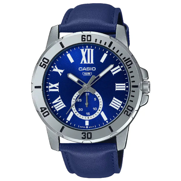 Casio Enticer MTP-VD200L-2BUDF Multi-Hand Day Date Analog Blue Dial Leather Strap Men's Watch