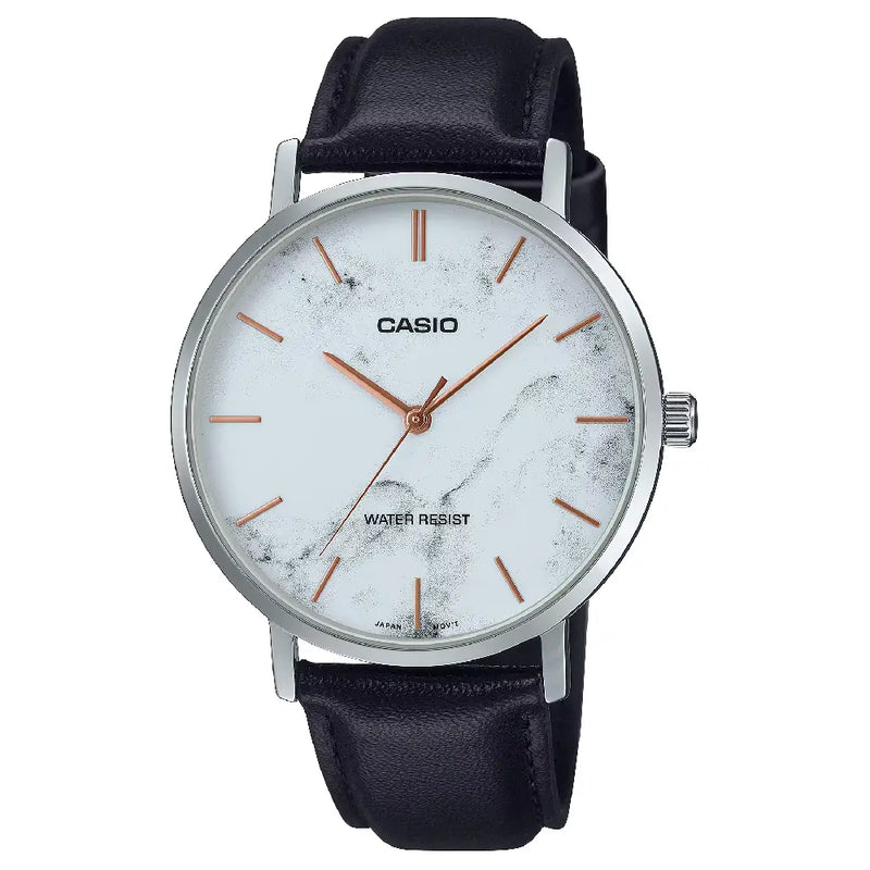 Casio Enticer Analog MTP-VT01LM-7AUDF Silver Dial (Marble Design) Leather Strap Men's Watch