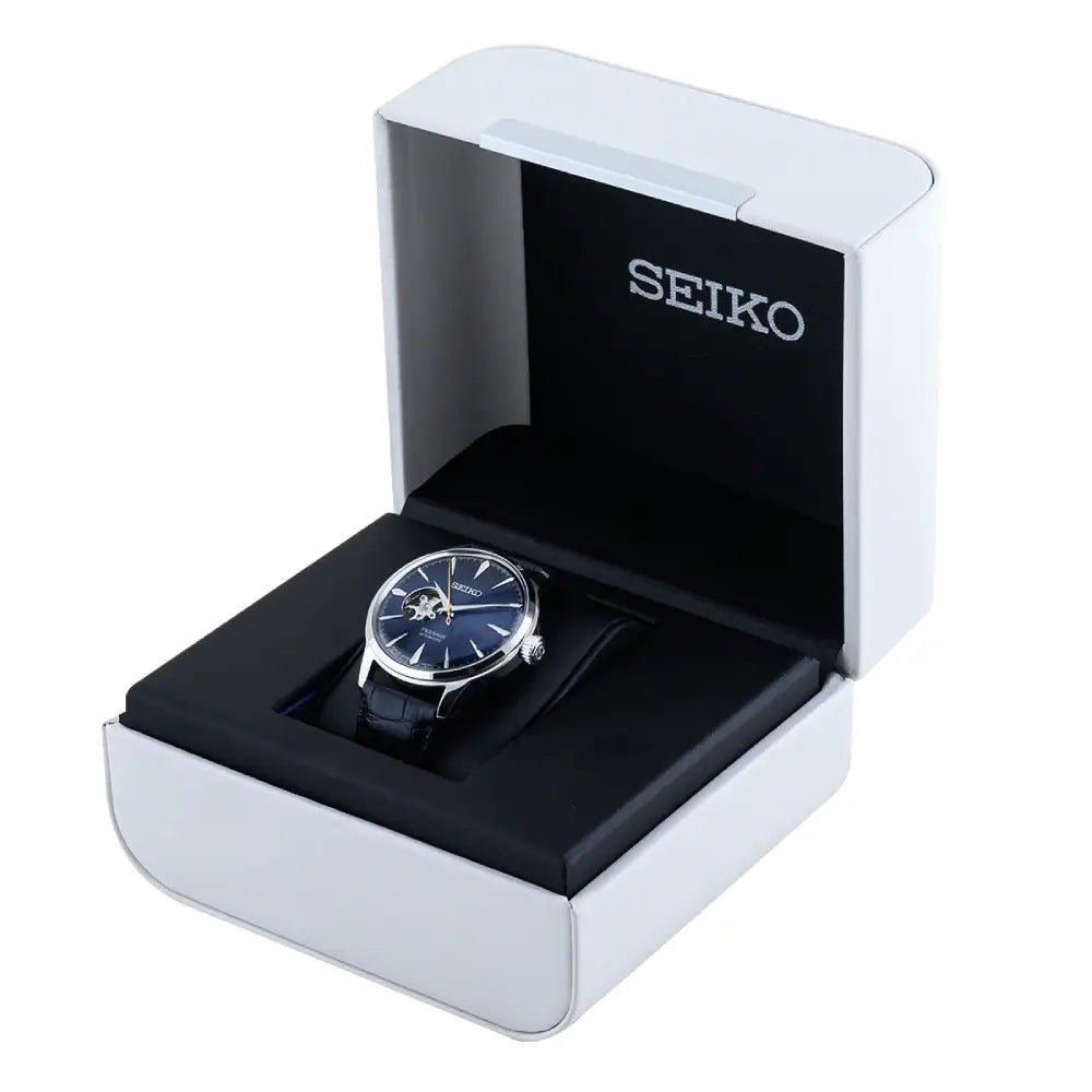 Seiko Presage SSA405J1 Cocktail Time Automatic Open Heart "Blue Moon" Blue Dial 40.5mm Leather Strap Men's Watch