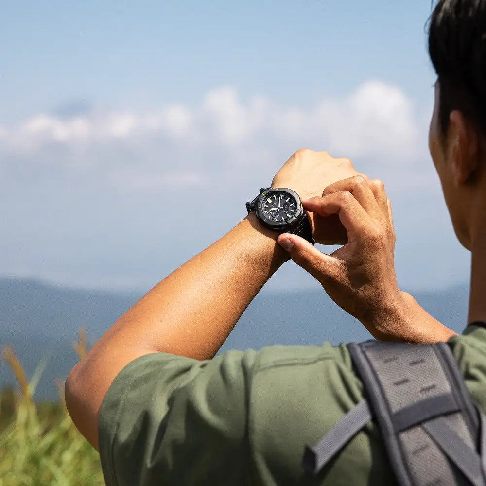 Casio ProTrek PRJ-B001B-1D Analog-Digital Solar Bluetooth "Rotary Guard" Black Dial Cloth Bungee Strap Men's Watch