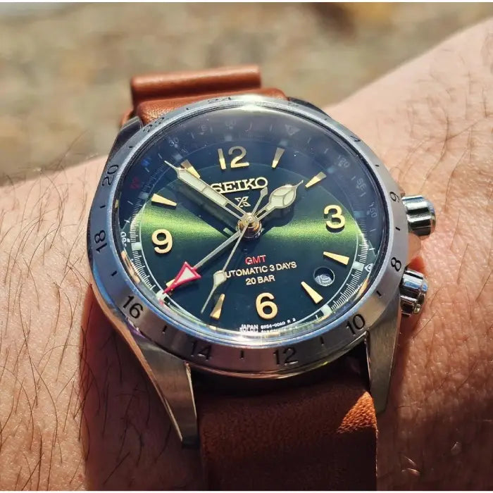 Seiko Prospex SBEJ005 Alpinist GMT Green Dial 39.5mm Leather Strap Men's Watch