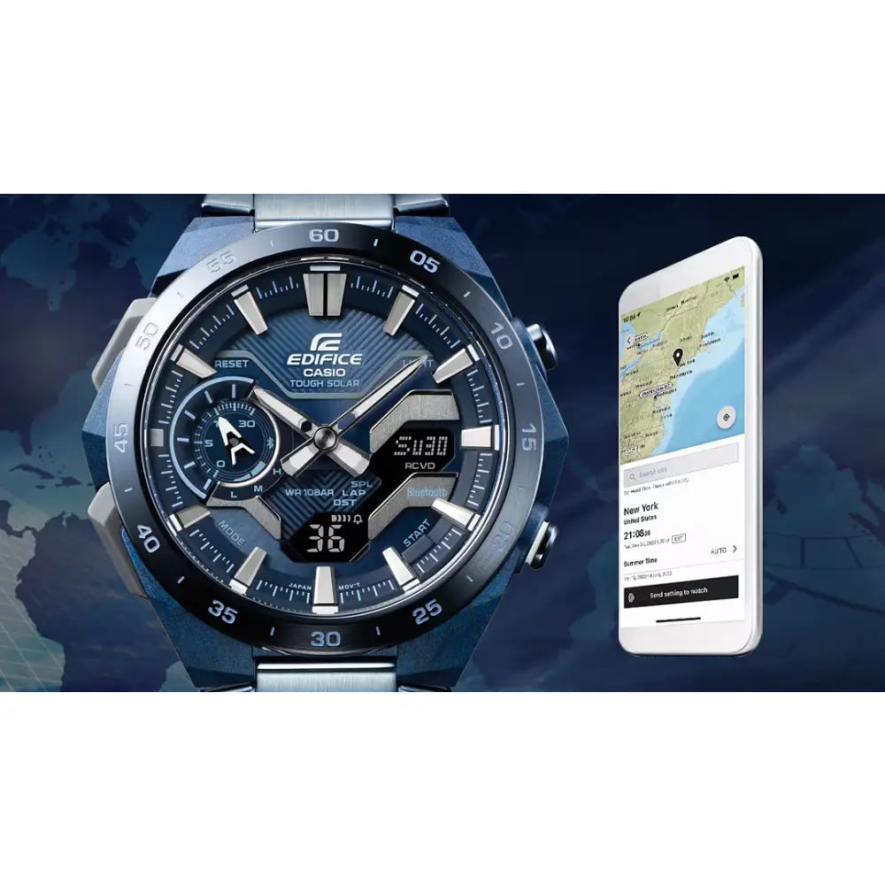 Casio Edifice WindFlow ECB-2200CB-2A Analog-Digital "Race Car Inspired" Solar Bluetooth Blue Carbon Fiber Dial 47.6mm Stainless Steel Men's Watch