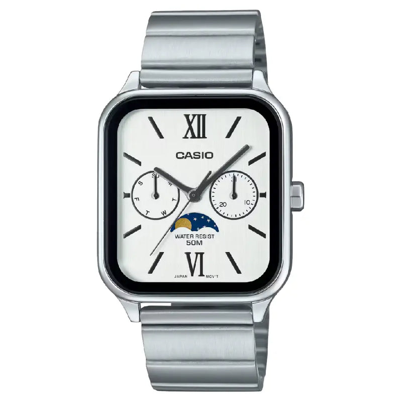 Casio Enticer MTP-M305D-7A2VDF Multi-Hand Moon Phase Analog White Dial Stainless Steel Men's Watch