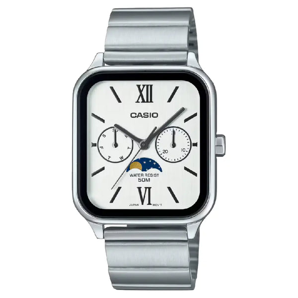 Casio Enticer MTP-M305D-7A2VDF Multi-Hand Moon Phase Analog White Dial Stainless Steel Men's Watch
