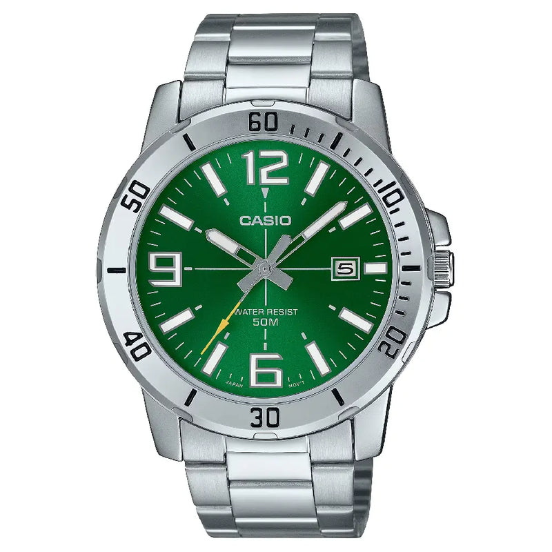 Casio Enticer MTP-VD01D-3BVUDF Date Analog Green Dial Stainless Steel Men's Watch