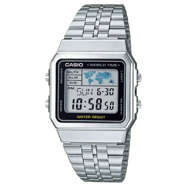 Casio Vintage Digital World Time A500WA-1DF Black Dial 34mm Stainless Steel Unisex Watch