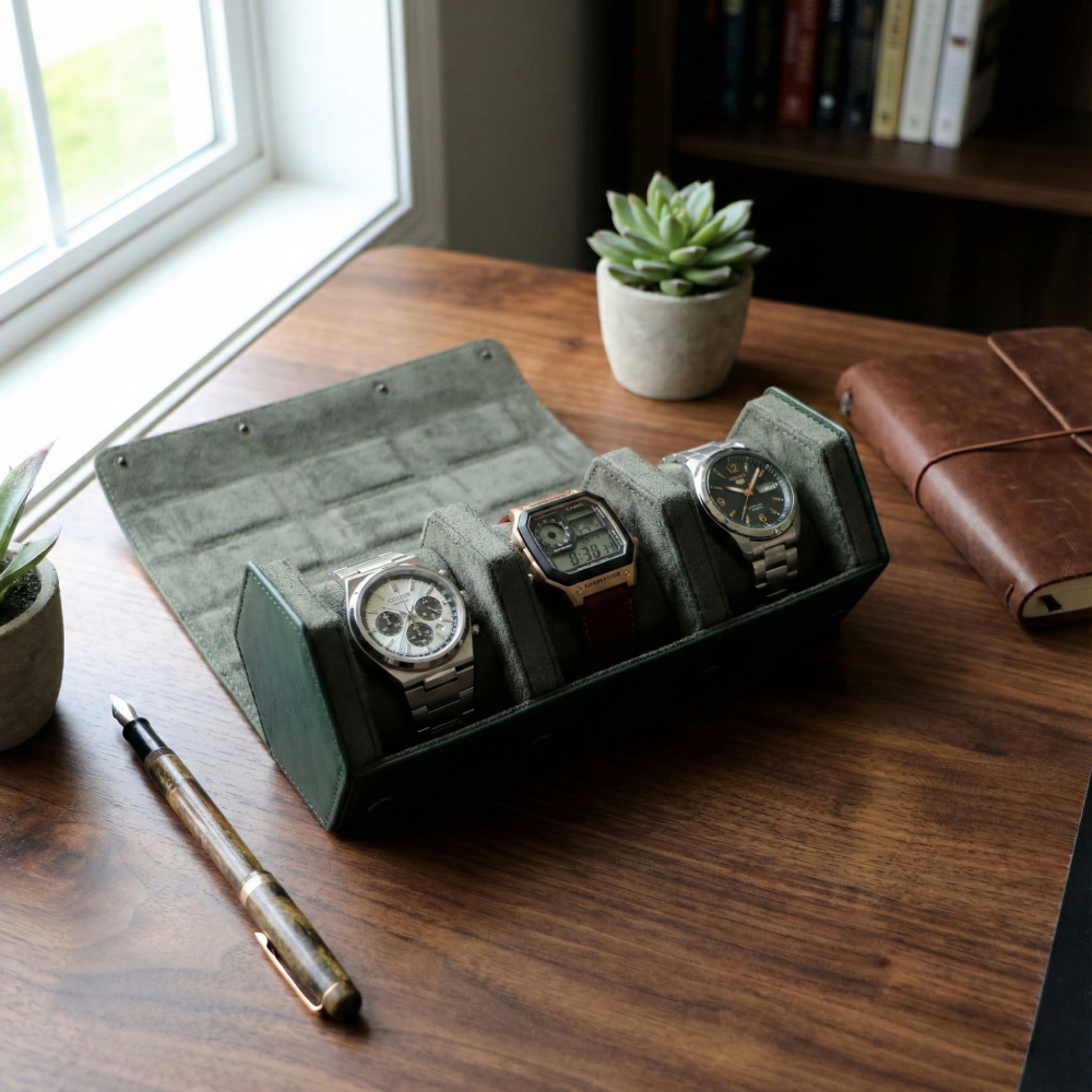 Hexagonal Premium Leather Watch Roll - 3 Slots