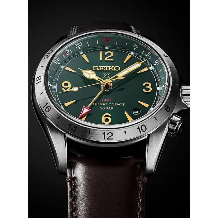 Seiko Prospex SBEJ005 Alpinist GMT Green Dial 39.5mm Leather Strap Men's Watch