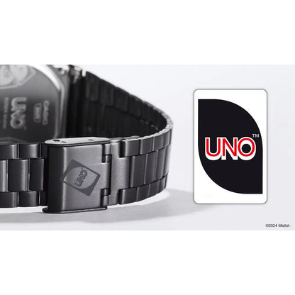 Casio Vintage Digital A168WEUC-1ADR Black with UNO Motif Dial Stainless Steel Unisex Watch