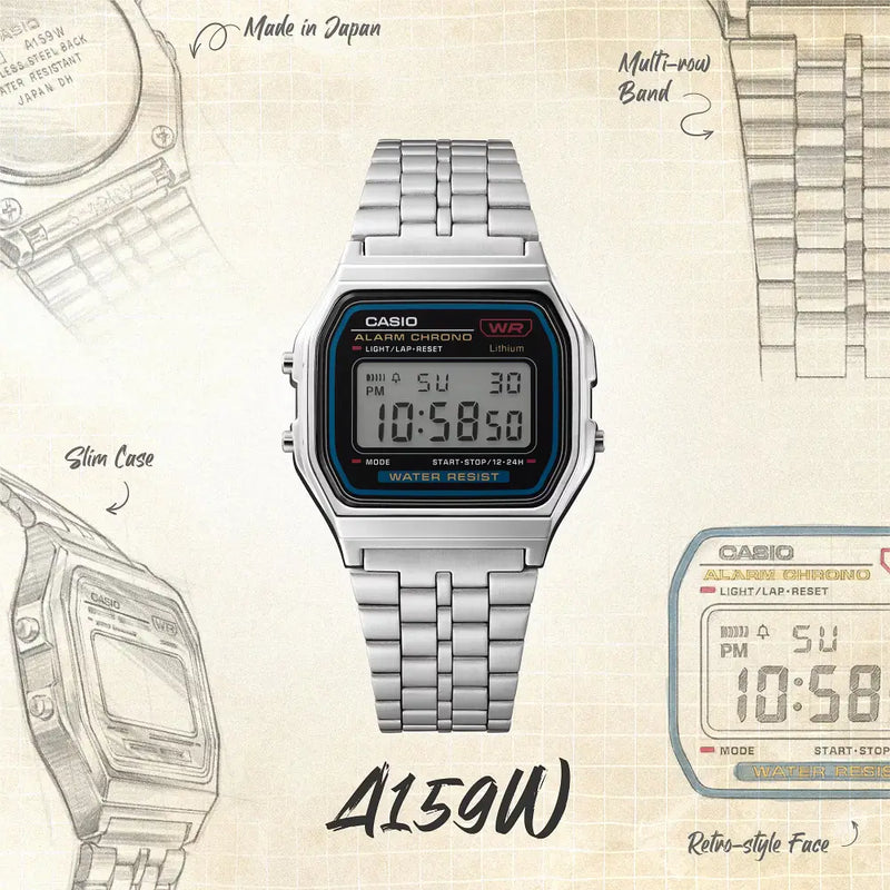 Casio Vintage Digital A159W-N1DF Black Dial Stainless Steel Unisex Watch detail view