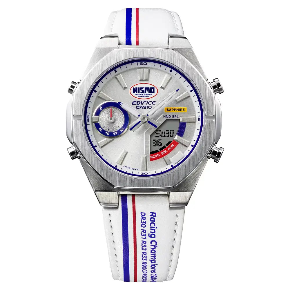 Casio Edifice Limited Edition "NISMO Heritage" ECB-S10NIS-7 Analog-Digital Bluetooth White Dial 43mm Leather Strap Men's Watch