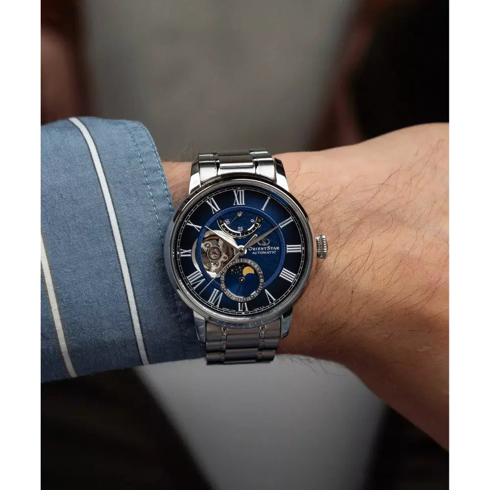 Orient Star Classic M45 F7 Moon Phase Open Heart Automatic RE-BT0006L00B Blue Dial 41mm Stainless Steel Men's Watch