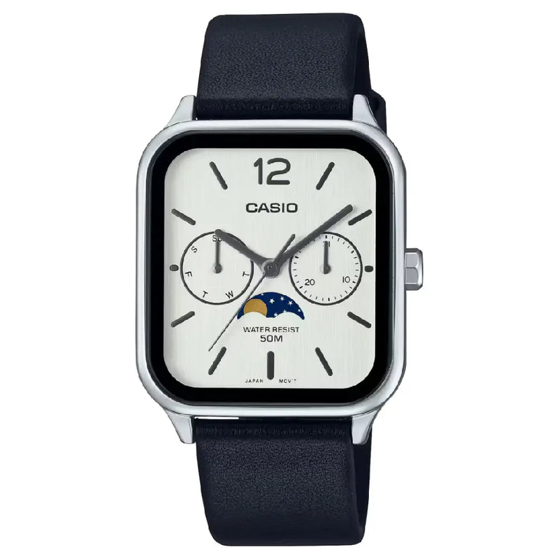 Casio Enticer MTP-M305L-7AVDF Multi-Hand Moon Phase Analog White Dial Leather Strap Men's Watch