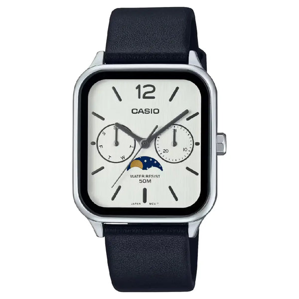 Casio Enticer MTP-M305L-7AVDF Multi-Hand Moon Phase Analog White Dial Leather Strap Men's Watch