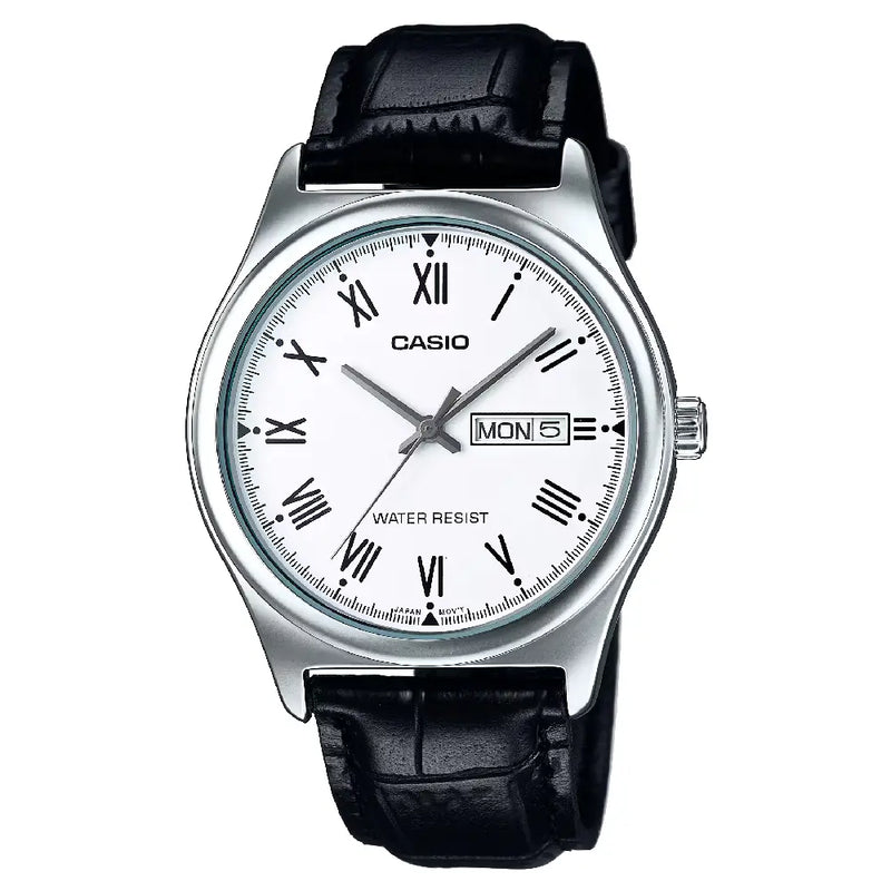 Casio Enticer MTP-V006L-7BUDF Day Date Analog White Dial Leather Strap Men's Watch
