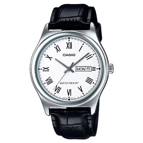 Casio Enticer MTP-V006L-7BUDF Day Date Analog White Dial Leather Strap Men's Watch