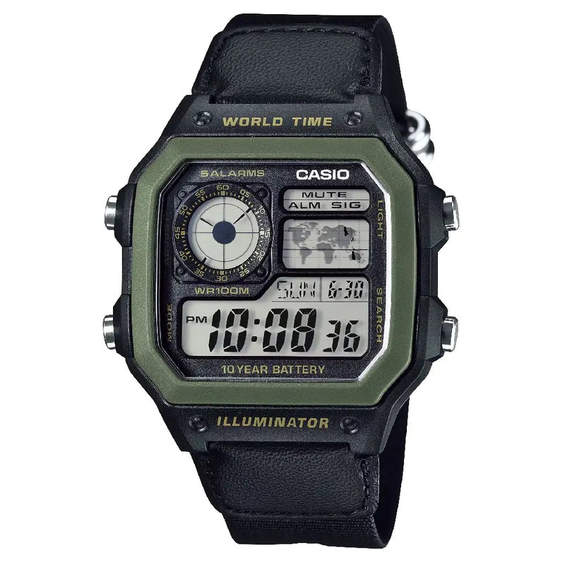 Casio World Time Digital AE-1200WHB-1BVDF Grey/Black Dial Digital and Analog Fabric Strap Men's Watch