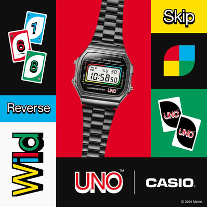Casio Vintage Digital A168WEUC-1ADR Black with UNO Motif Dial Stainless Steel Unisex Watch