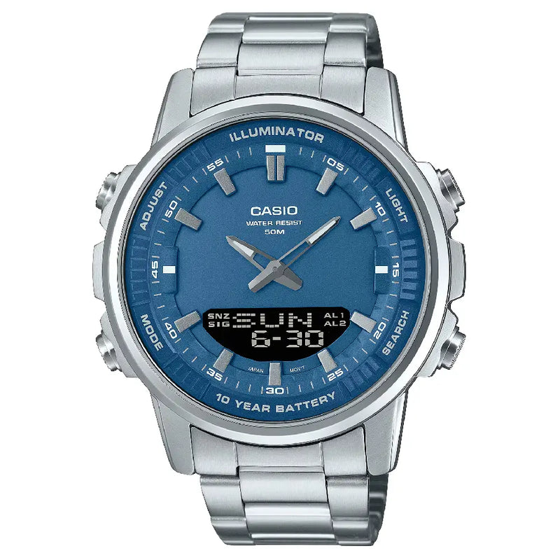 Casio Analog-Digital World Time AMW-880D-2A1VDF Blue Dial Stainless Steel Men's Watch