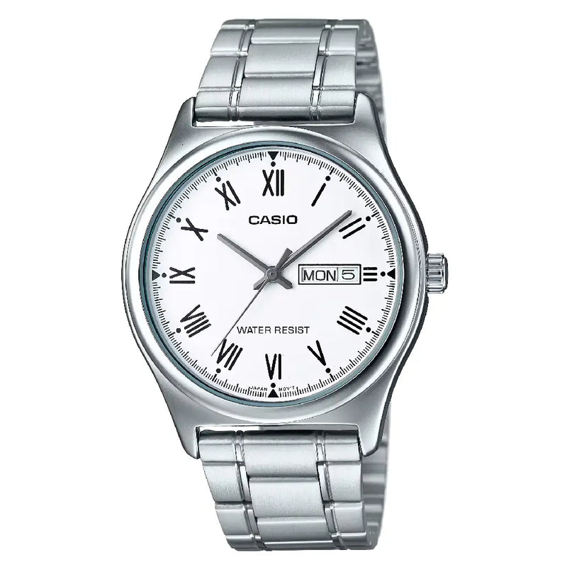 Casio Enticer MTP-V006D-7BUDF Day Date Analog White Dial Stainless Steel Men's Watch