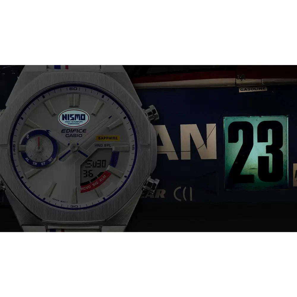 Casio Edifice Limited Edition "NISMO Heritage" ECB-S10NIS-7 Analog-Digital Bluetooth White Dial 43mm Leather Strap Men's Watch