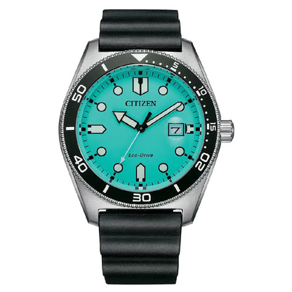 Citizen Eco-Drive AW1760-14X Analog Diver-Style "Aqua Matic" Turquoise Dial 43mm Rubber Strap Men's Watch