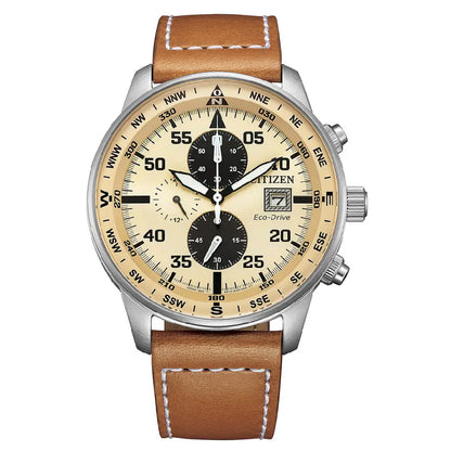 Citizen Eco-Drive "Aviator Chrono" CA0880-15X Beige Dial 44mm Leather Strap Men's Watch