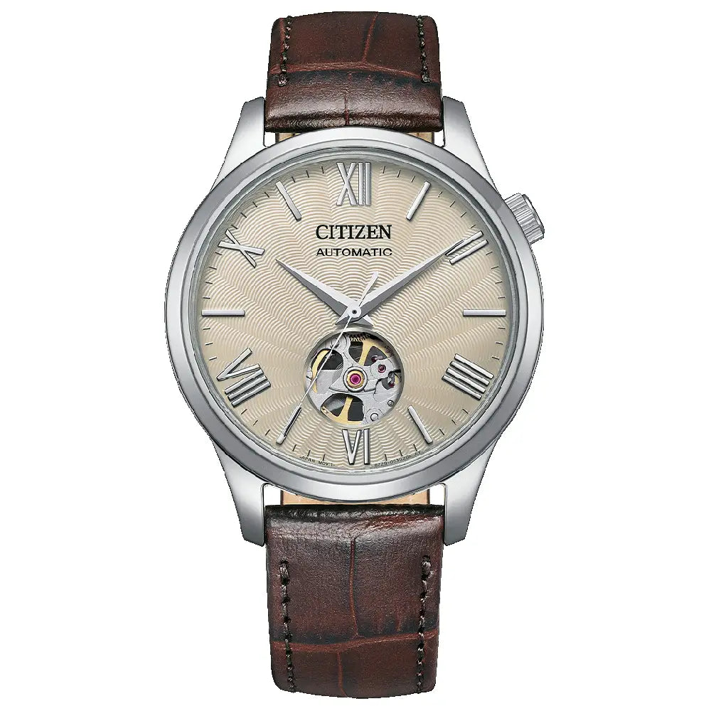 Citizen Mechanical NH9130-17A Automatic Open Heart White/Cream Dial 40mm Leather Strap Men's Watch