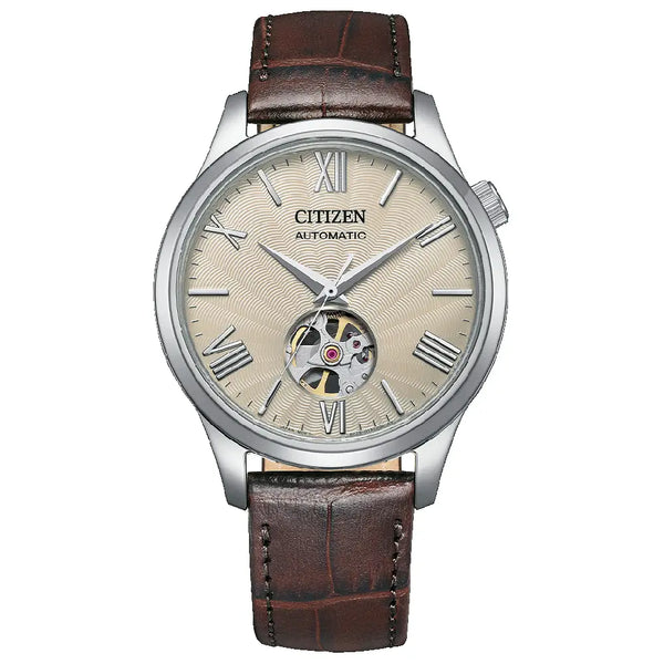 Citizen Mechanical NH9130-17A Automatic Open Heart White/Cream Dial 40mm Leather Strap Men's Watch