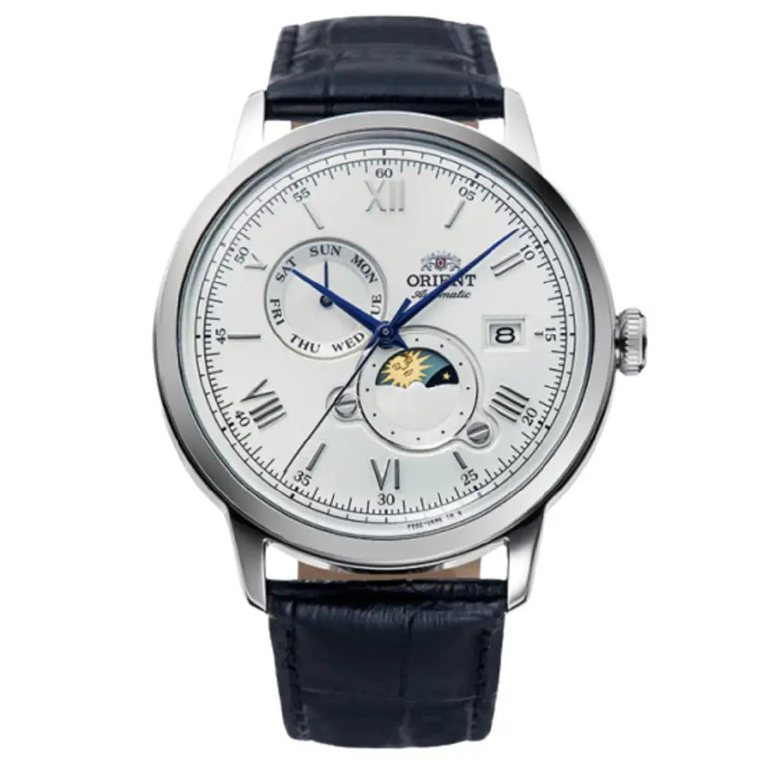 Orient Automatic RA-AK0802S Bambino Sun & Moon White Dial 41.5mm Leather Strap Men's Watch