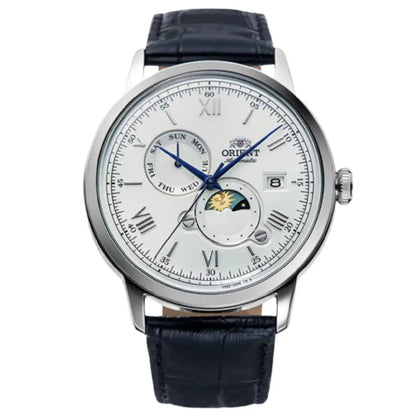 Orient Automatic RA-AK0802S Bambino Sun & Moon White Dial 41.5mm Leather Strap Men's Watch