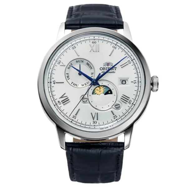 Orient Automatic RA-AK0802S Bambino Sun & Moon White Dial 41.5mm Leather Strap Men's Watch