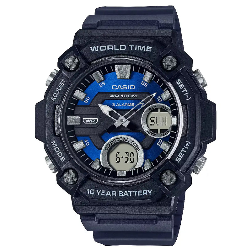 Casio Analog-Digital World Time AEQ-120W-2AVDF with Fishing Timer Blue Dial Resin Strap Men's Watch