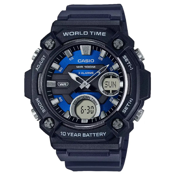 Casio Analog-Digital World Time AEQ-120W-2AVDF with Fishing Timer Blue Dial Resin Strap Men's Watch