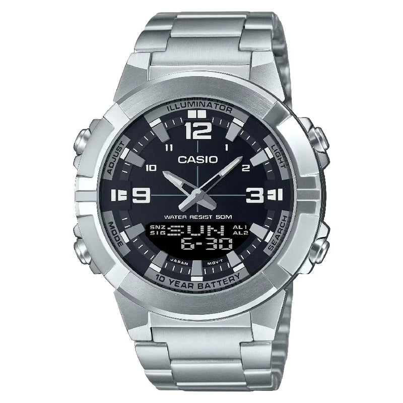 Casio Analog-Digital World Time AMW-870D-1AVDF Time Black Dial Stainless Steel Men's Watch
