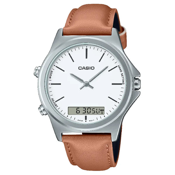 Casio Enticer MTP-VC01L-7EUDF Analog Digital White Dial Leather Strap Men's Watch