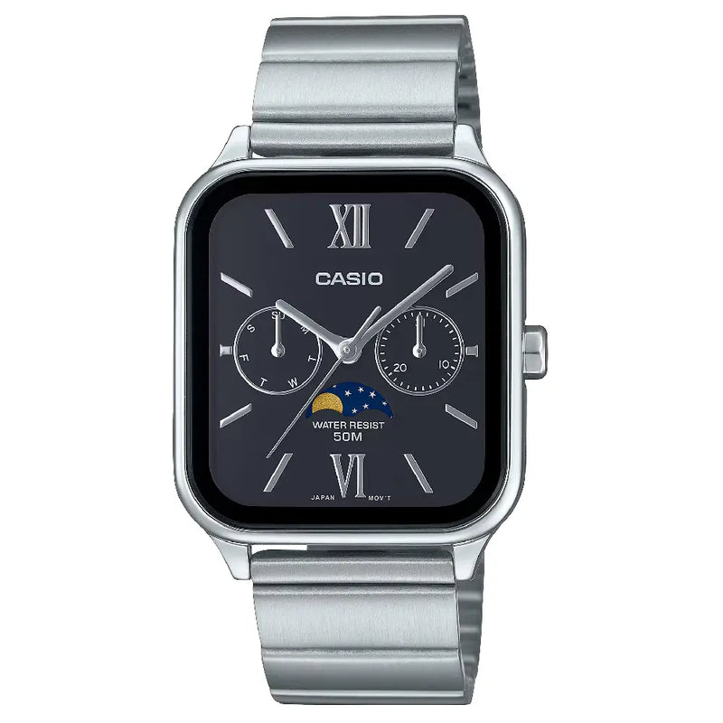 Casio Enticer MTP-M305D-1A2VDF Multi-Hand Moon Phase Analog Black Dial Stainless Steel Men's Watch