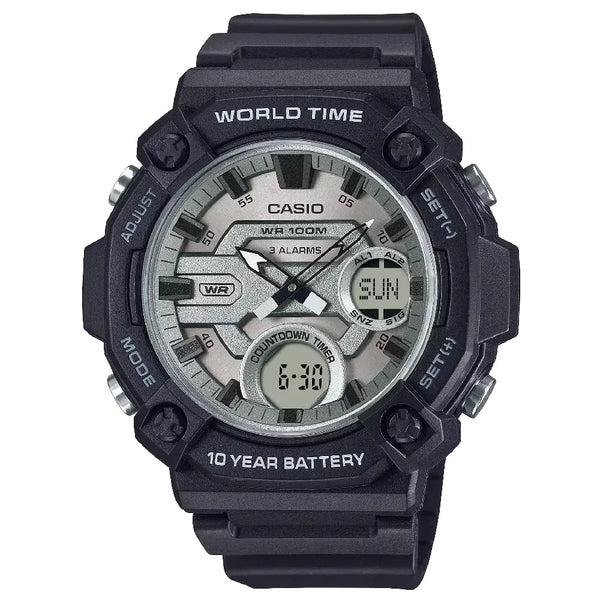 Casio Analog-Digital World Time AEQ-120W-7AVDF with Fishing Timer Grey Dial Resin Strap Men's Watch