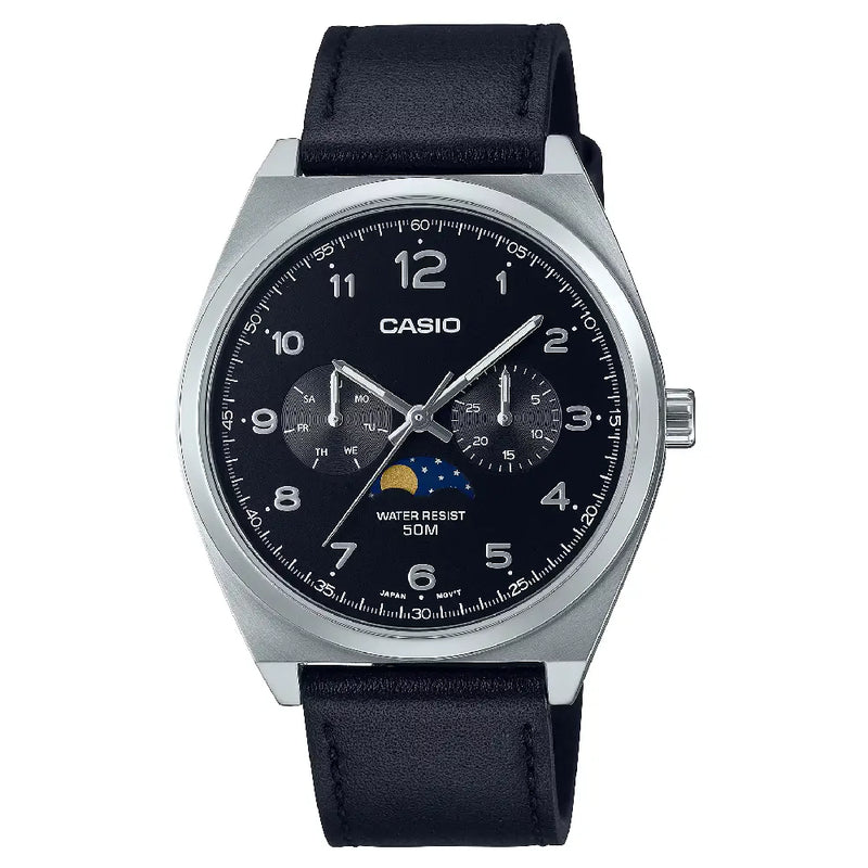 Casio Enticer MTP-M300L-1AVDF Multi-Hand Moon Phase Analog Black Dial Leather Strap Men's Watch