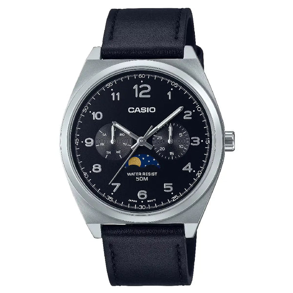 Casio Enticer MTP-M300L-1AVDF Multi-Hand Moon Phase Analog Black Dial Leather Strap Men's Watch