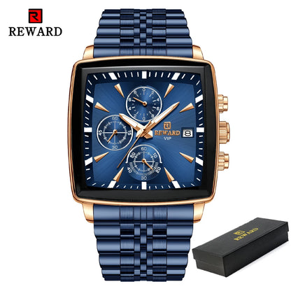 REWARD Men’s Square Luxury Watch – Steel Strap Chronograph & Waterproof Design