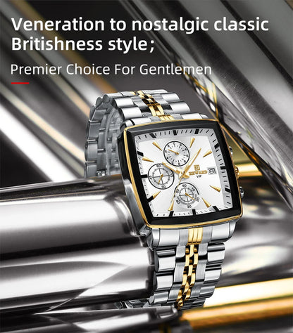 REWARD Men’s Square Luxury Watch – Steel Strap Chronograph & Waterproof Design
