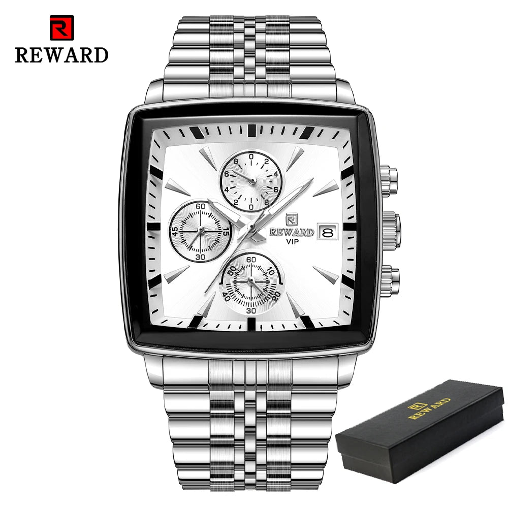REWARD Men’s Square Luxury Watch – Steel Strap Chronograph & Waterproof Design