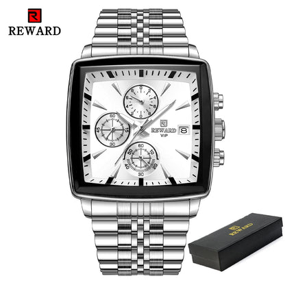 REWARD Men’s Square Luxury Watch – Steel Strap Chronograph & Waterproof Design