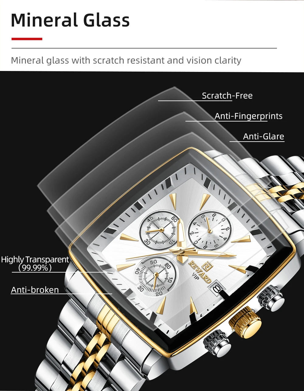 REWARD Men’s Square Luxury Watch – Steel Strap Chronograph & Waterproof Design