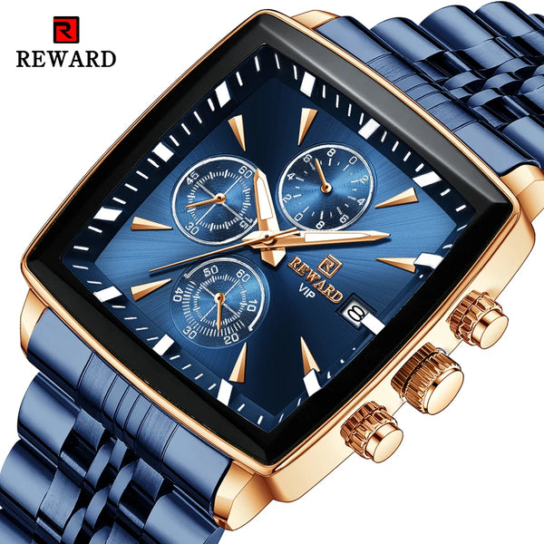 REWARD Men’s Square Luxury Watch – Steel Strap Chronograph & Waterproof Design