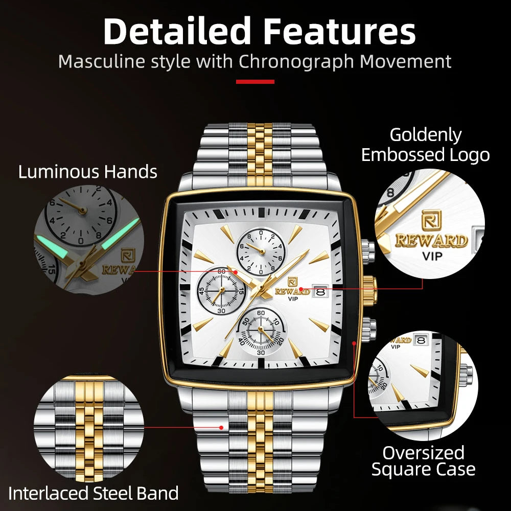 REWARD Men’s Square Luxury Watch – Steel Strap Chronograph & Waterproof Design