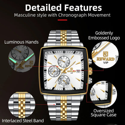 REWARD Men’s Square Luxury Watch – Steel Strap Chronograph & Waterproof Design