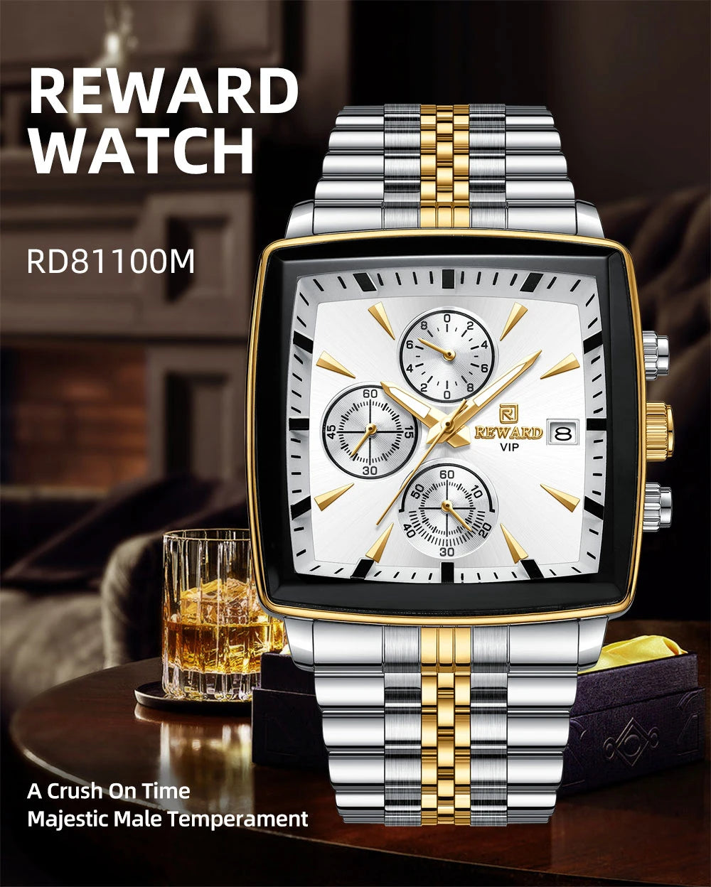 REWARD Men’s Square Luxury Watch – Steel Strap Chronograph & Waterproof Design