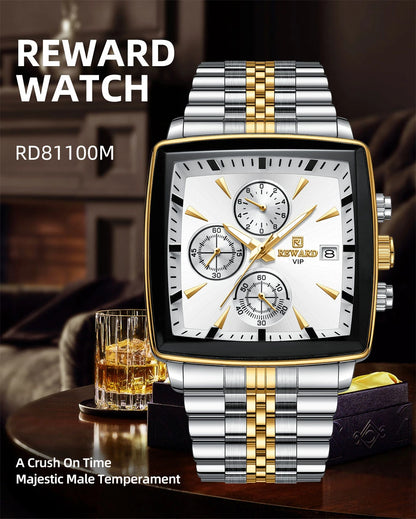 REWARD Men’s Square Luxury Watch – Steel Strap Chronograph & Waterproof Design